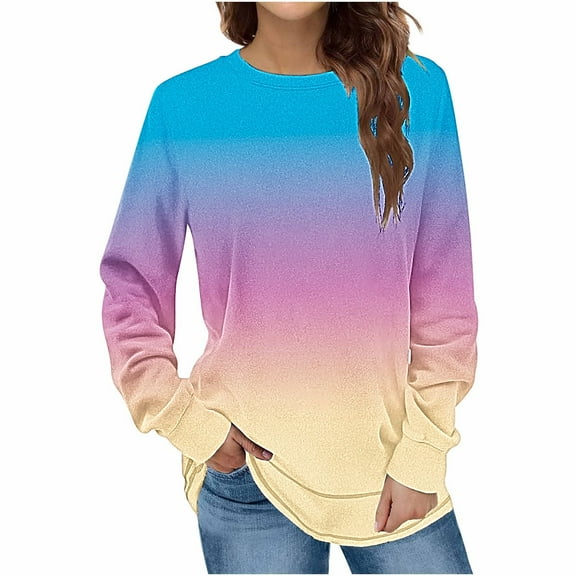 Women Long Sleeve Shirts Casual Gradient Color Crewneck Pullover Tops Loose Cozy T-Shirts (S, Purple)