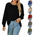 thumbnail image 1 of Women Solid Pullover Shirts Long Puff Sleeve Round Neck Casual Loose T-Shirt Pleated Tops Black,L, 1 of 6