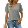 thumbnail image 1 of Women Summer V Neck Shirts Puff Sleeve Loose Fitting Casual Pullover Tops Solid Color Cozy T-Shirts (S, Gray), 1 of 9