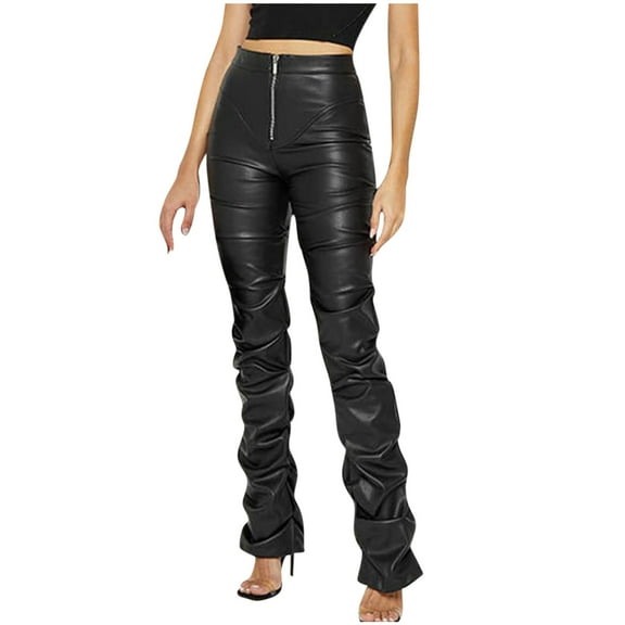 Women Trendy Zipper High Waisted Faux PU Leather Vintage Pants Tiered Design Full Length Trousers Black,2XL