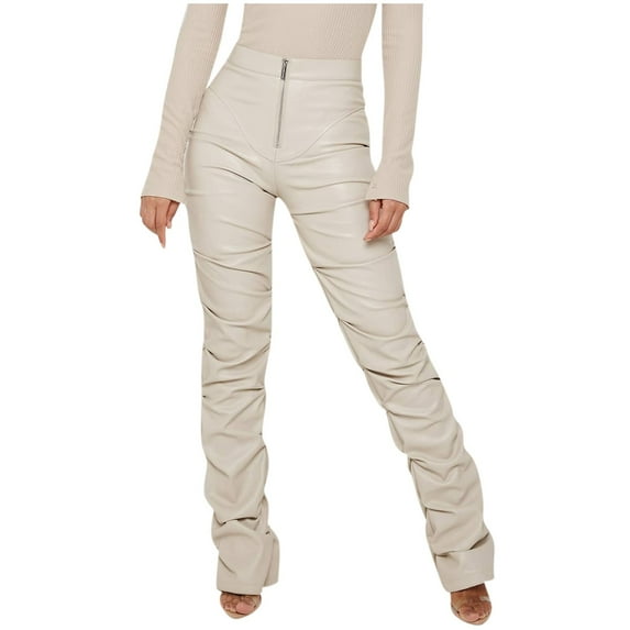 Women Trendy Zipper High Waisted Faux PU Leather Vintage Pants Tiered Design Full Length Trousers White,S