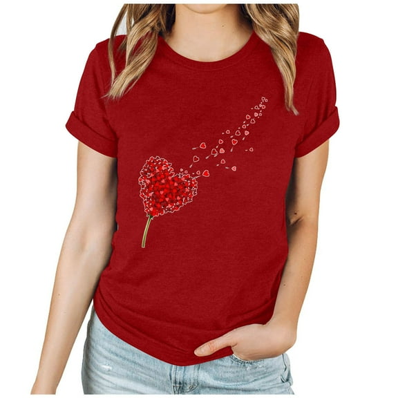 Women Valentine's Day Shirts Short Sleeve Crewneck Cute Graphic T-Shirts Casual Pullover Tunic Tops (2XL, D Red)