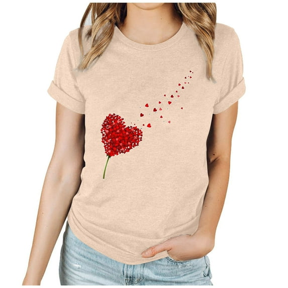 Women Valentine's Day Shirts Short Sleeve Crewneck Cute Graphic T-Shirts Casual Pullover Tunic Tops (M, D Khaki)