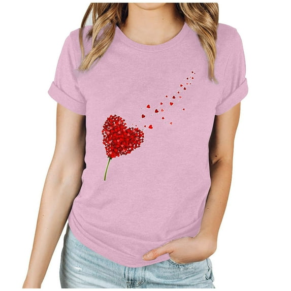 Women Valentine's Day Shirts Short Sleeve Crewneck Cute Graphic T-Shirts Casual Pullover Tunic Tops (M, D Pink)