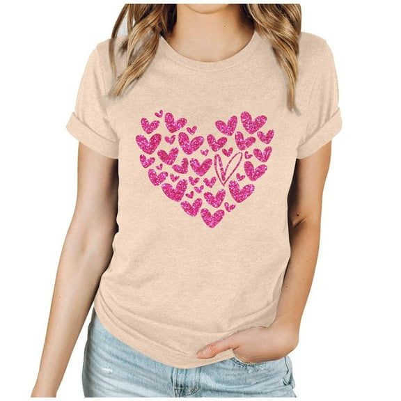 Women Valentine's Day Shirts Short Sleeve Crewneck Heart Graphic T-Shirts Casual Pullover Tunic Tops (S, A Khaki)