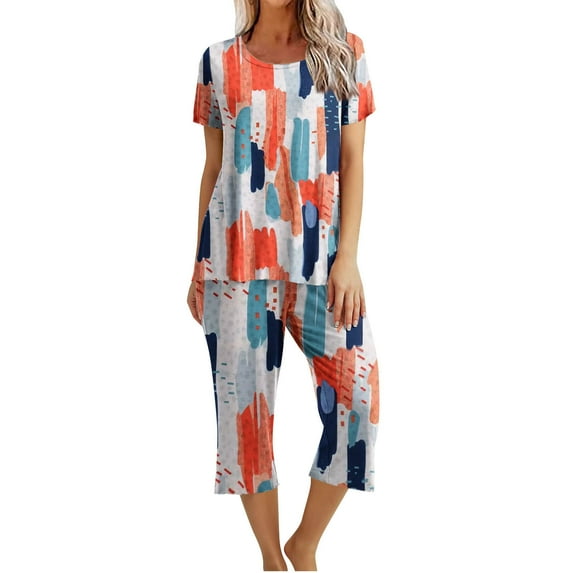 Savings Women's 2 Piece Pajamas Sets Short Sleeve Tops and Capri Pants Sleepwear Cozy Loungewear Orange,2XL