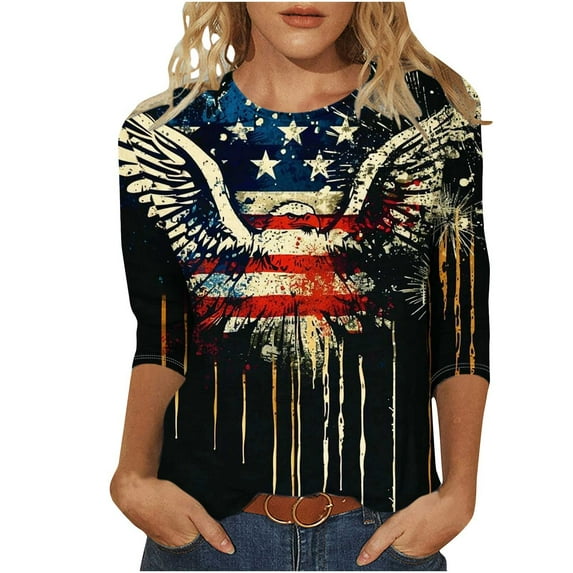 Savings Women's America Land of The Free Shirt 4Th of July Tee Shirts Round Neck Short Sleeve T-Shirt American Flag Graphic Tunic Blouses Dressy Causal Tunics Tops Loose Fit Summer Beach Clothes