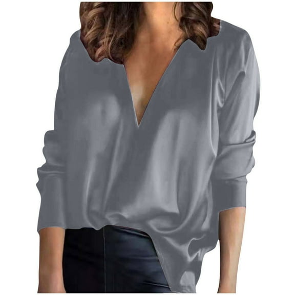 Women's Blouses Satin Silk Shirts Casual Loose Long Sleeve V Neck Office Work Tunic Tops Dressy Shirt Gray2,S