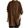 thumbnail image 1 of Women's Buttons Long Sleeve Oversized Round Neck Shirts Mid Length Cotton Linen Comfy Blouses Casual Tops Coffee,2XL, 1 of 6