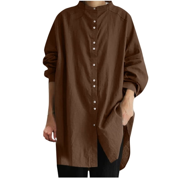 Women's Buttons Long Sleeve Oversized Round Neck Shirts Mid Length Cotton Linen Comfy Blouses Casual Tops Coffee,XL