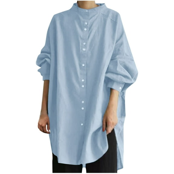 Women's Buttons Long Sleeve Oversized Round Neck Shirts Mid Length Cotton Linen Comfy Blouses Casual Tops Light Blue,XL