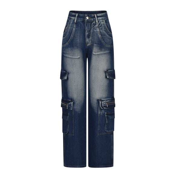 Women's Cargo Denim Pants Multi Pockets High Waist Wide Leg Jeans Baggy Distressed Jeans Streetwear Y2K Juniors Pants Dark Blue,XL