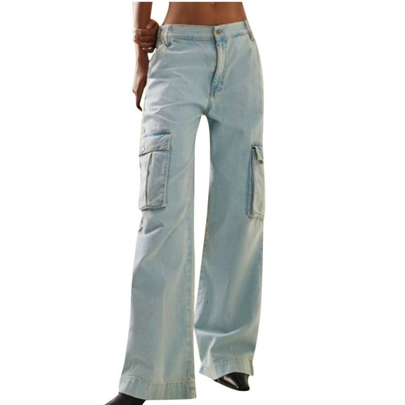 Women's Cargo Denim Pants Multi Pockets High Waist Wide Leg Jeans Baggy Distressed Jeans Streetwear Y2K Juniors Pants Light Blue,XL