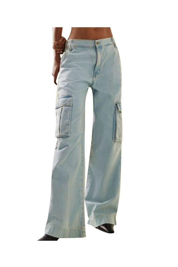 Women's Cargo Denim Pants Multi Pockets High Waist Wide Leg Jeans Baggy Distressed Jeans Streetwear Y2K Juniors Pants Light Blue,XL