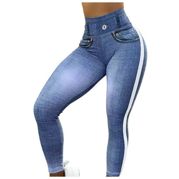 Women's Faux Denim Leggings Outerwear Striped Print High Waisted Slim Fit Stretchy Yoga Workout Pants Capris Light Blue,2XL