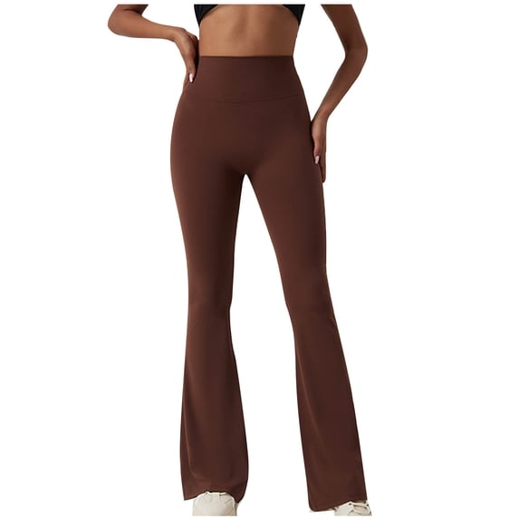 Women's Flare Yoga Pants High Waist Stretchy Workout Leggings Solid Skinny Yoga Leggings Gym Fitness Long Active Pants Brown,M