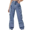 thumbnail image 1 of Savings Women's High Waist Cargo Jeans Flap Pocket Wide Leg Denim Pants Frayed Distressed Boyfriend Trousers Streetwear, 1 of 6