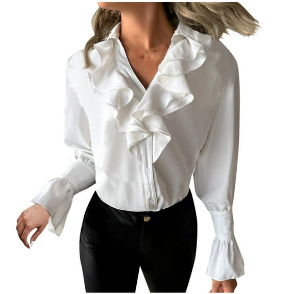Women's Long Puff Sleeve V Neck Tunic Shirts Ruffled Front Buttons Casual Blouses White,XL
