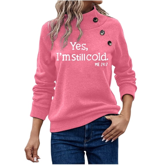 Women's Long Sleeve Crewneck Letter Printed Side Buttons Tunic Shirts Trendy Casual Pullover Sweatshirts Pink,M