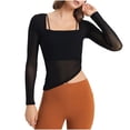 thumbnail image 1 of Women's Long Sleeve Fake Two Piece Tops Mesh Sheer Slim Fit Yoga Workout Cropped Tops with Sport Bra Gym Athletic Shirts Black,L, 1 of 6