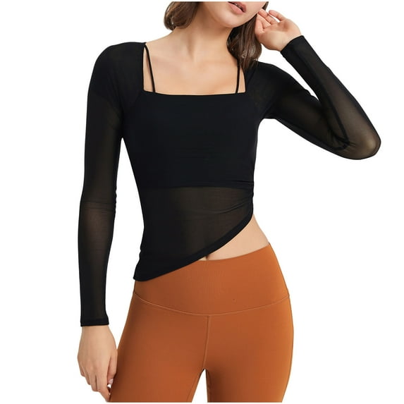 Women's Long Sleeve Fake Two Piece Tops Mesh Sheer Slim Fit Yoga Workout Cropped Tops with Sport Bra Gym Athletic Shirts Black,L