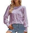 thumbnail image 1 of Women's Long Sleeve Round Neck Tunic Shirts Lantern Sleeve Casual Solid Ruffled Blouses Purple,L, 1 of 6