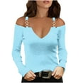 thumbnail image 1 of Women's Long Sleeve Tops Cold Shoulder V Neck Tunic Trendy Pullover Shirts Casual Solid Color Blouses Light Blue,L, 1 of 6