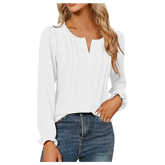 Women's Long Sleeve Tops Dressy Casual Shrug Ruffle Sleeve Tunic Shirts V Neck Blouses Solid Ladies Shirts White,XL