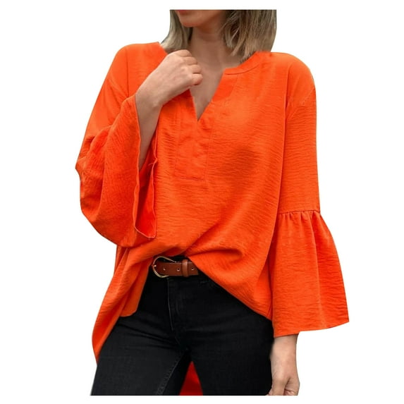 Women's Ruffle Long Sleeve V Neck Tops Casual Loose Trendy Oversized Solid Tshirts Pullover Plus Size Blouses Orange,XL
