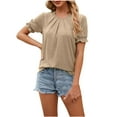 thumbnail image 1 of Women's Ruffle Sleeve Shirts Round Neck Loose Short Sleeve T-Shirts Pullover Casual Tops Fashion 2025 (S, Khaki), 1 of 8