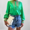 thumbnail image 1 of Women's Shirts Long Sleeve Floral Print Lace Splice Collar Lantern Sleeve Button Topss Work Office Blouse (L, Green), 1 of 5