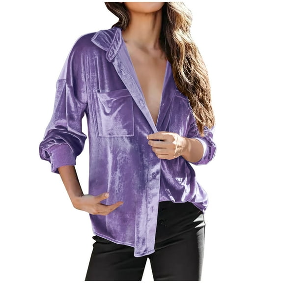 Women's Short Sleeve V Neck Buttons Velour Casual Shirts Solid Trendy Blouses Purple,S