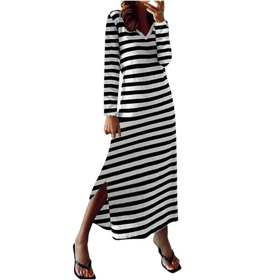 Women's Striped Dresses Long Sleeve V Neck Tunic Split Long Casual Spring Fall Trendy Dress Black,XL