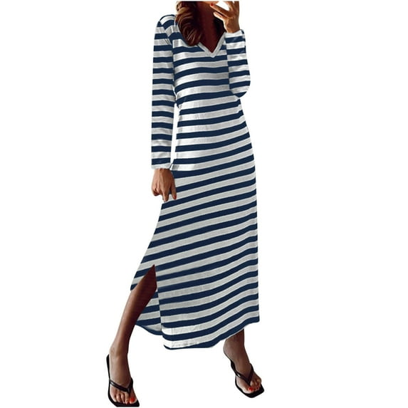 Women's Striped Dresses Long Sleeve V Neck Tunic Split Long Casual Spring Fall Trendy Dress Blue,XL
