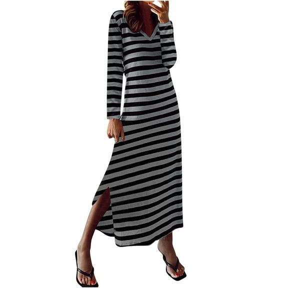 Women's Striped Dresses Long Sleeve V Neck Tunic Split Long Casual Spring Fall Trendy Dress Gray,S
