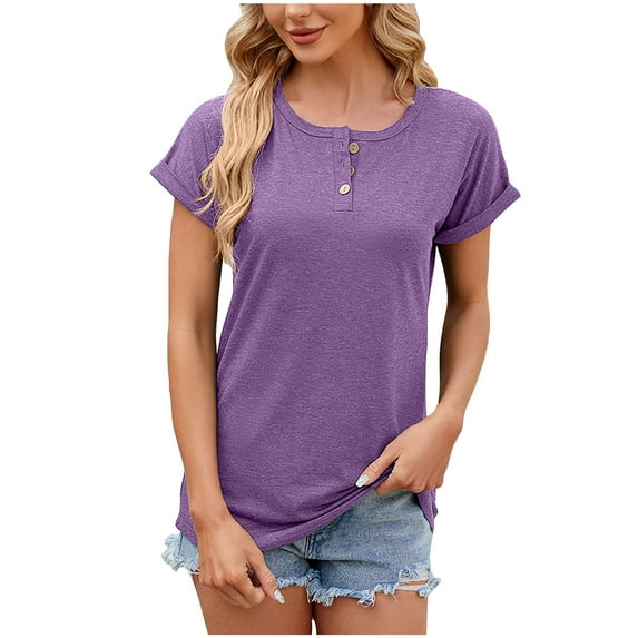 Women's Trendy Casual Short Sleeve Round Neck T-Shirts Tunic Solid Tops Soft Comfy Blouses Pullover Purple,S