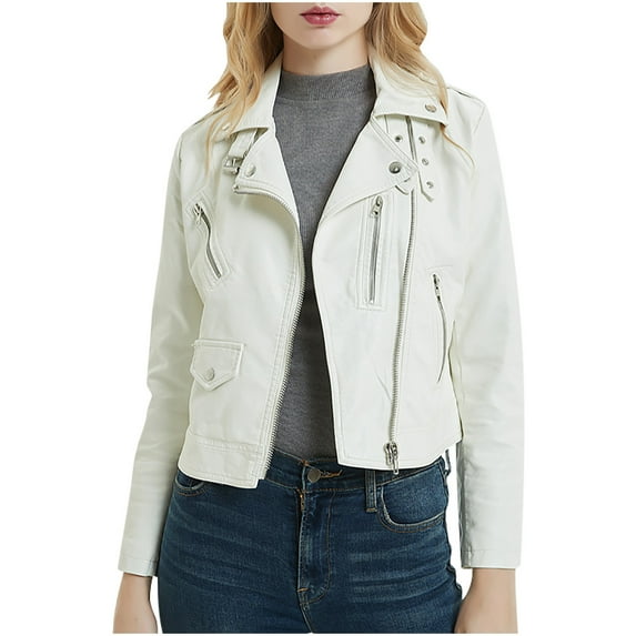 Women's Trendy Cropped Moto Jacket Zipper Lapel V Neck Long Sleeve Windproof Biker Jacket Coat with Pocket Outerwear White,XL