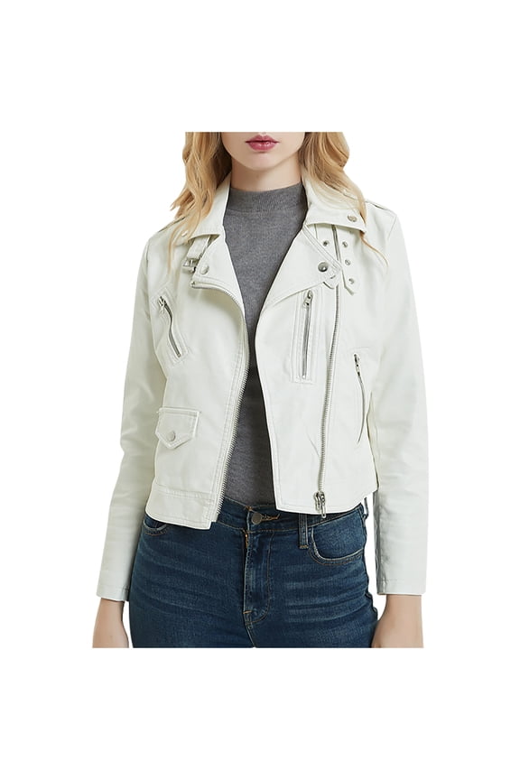 Women's Trendy Cropped Moto Jacket Zipper Lapel V Neck Long Sleeve Windproof Biker Jacket Coat with Pocket Outerwear White,XL