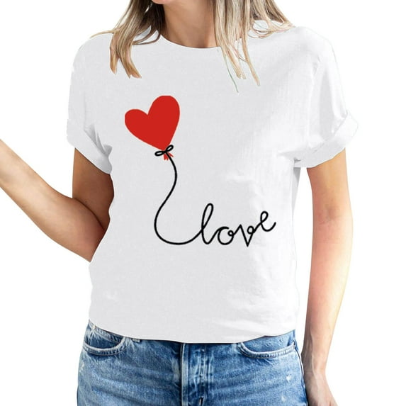 Women's Valentine's Day Short Sleeve Shirts Cute Print Casual Basic Tee Tunic Crew Neck Graphic Blouses Tops (2XL, White)