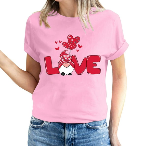 Women's Valentine's Day Short Sleeve Shirts Gnome Graphic Casual Basic Tees Tunic Crew Neck Printed Blouses Tops (L, Pink)