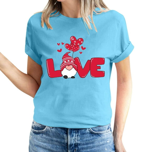 Women's Valentine's Day Short Sleeve Shirts Gnome Graphic Casual Basic Tees Tunic Crew Neck Printed Blouses Tops (XL, Light Blue)