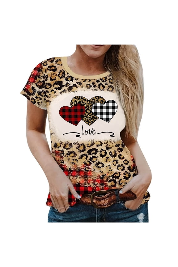 Women's Valentine's Day Short Sleeve Shirts Graphic Leopard Pullover Tops Plus Size S-6XL Casual Tee Blouses (L, Brown-K)