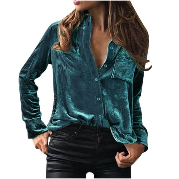 Women's Velvet Button Up Shirts Long Sleeve Lapel V Neck Slim Tunic Tops Front Pocket Solid Comfy Blouses Sky Blue,XL