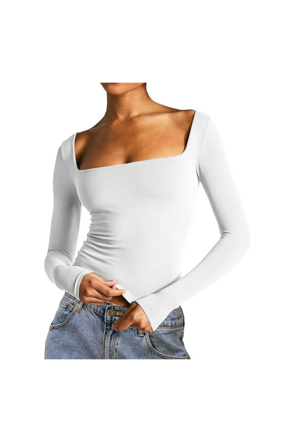 Women's Wide Square Neck Tops Long Sleeve Slim Fit Y2k T Shirt Tunic Tops Plain Tee Workout Tops for Women (L, White)