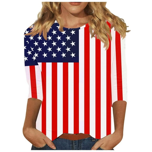 Clean Womens Independence Day Patriotic T-Shirts Round Neck Tee 3/4 Sleeve Tops American Flag Graphic T Shirts 4Th of July Summer Tee Shirts Retro Dressy Blouses Workout Beach Costume