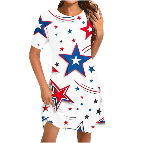 Womens American Flag Dress 4Th of July Patriotic Shirt Elastic High Waist Mid Dress Round Neck Short Sleeve Sundress Usa Flag Star Printed Dresses Summer Beach Vacation Sun-Dress