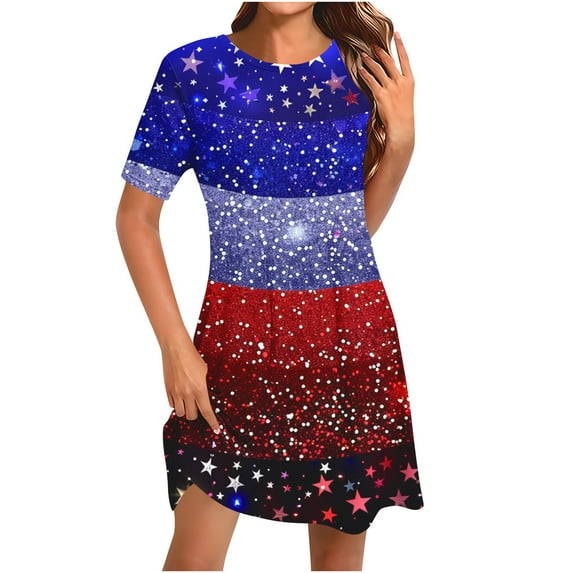 Womens American Flag Dress 4Th of July Patriotic Shirt Elastic High Waist Mid Dress Round Neck Short Sleeve Sundress Usa Flag Star Printed Dresses Summer Beach Vacation Sun-Dress