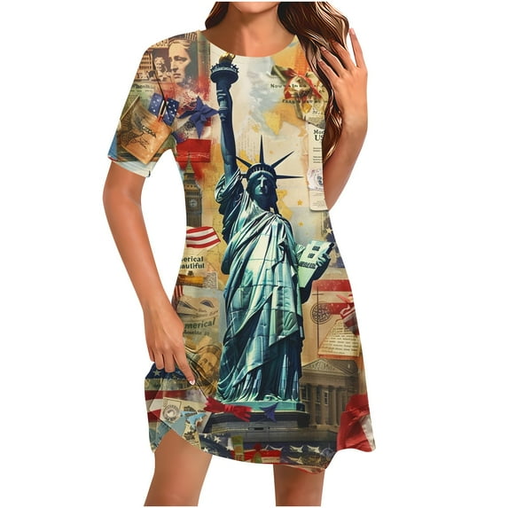 Womens American Flag Dress 4Th of July Patriotic Shirt Elastic High Waist Mid Dress Round Neck Short Sleeve Sundress Usa Flag Star Printed Dresses Summer Beach Vacation Sun-Dress