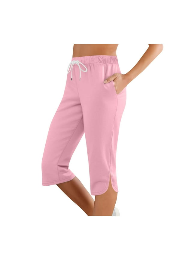 Womens Capri Pants Cropped Elastic High Wais Capris Drawstring Elastic Waist Short Pants Regular Size Casual Workout Sport Yoga Trouser with Pockets
