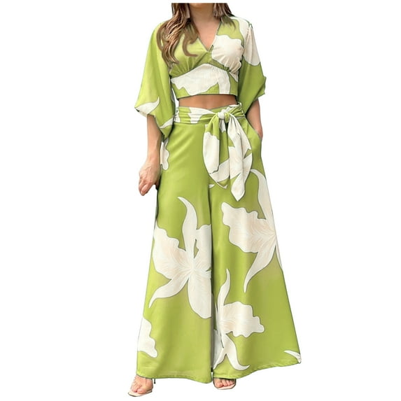 Womens Casual Bohemian Beach Outfits V-Neck Long Sleeve Crop Tops Sets Tie Waist Wide Leg Pnats with Pockets 2 Piece Suits